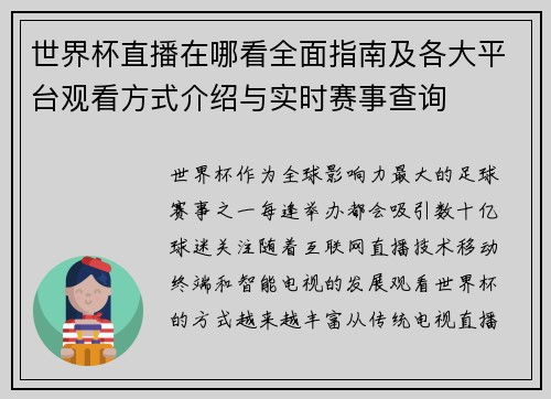 世界杯直播在哪看全面指南及各大平台观看方式介绍与实时赛事查询